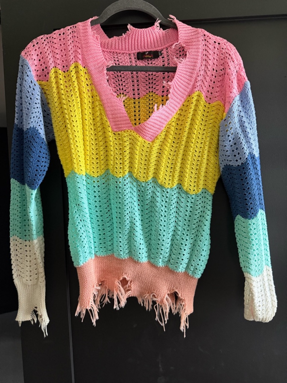 Distressed Multi-Stripe Knit Sweater - Pink, Yellow, Mint, Blue - Picture 2 of 4